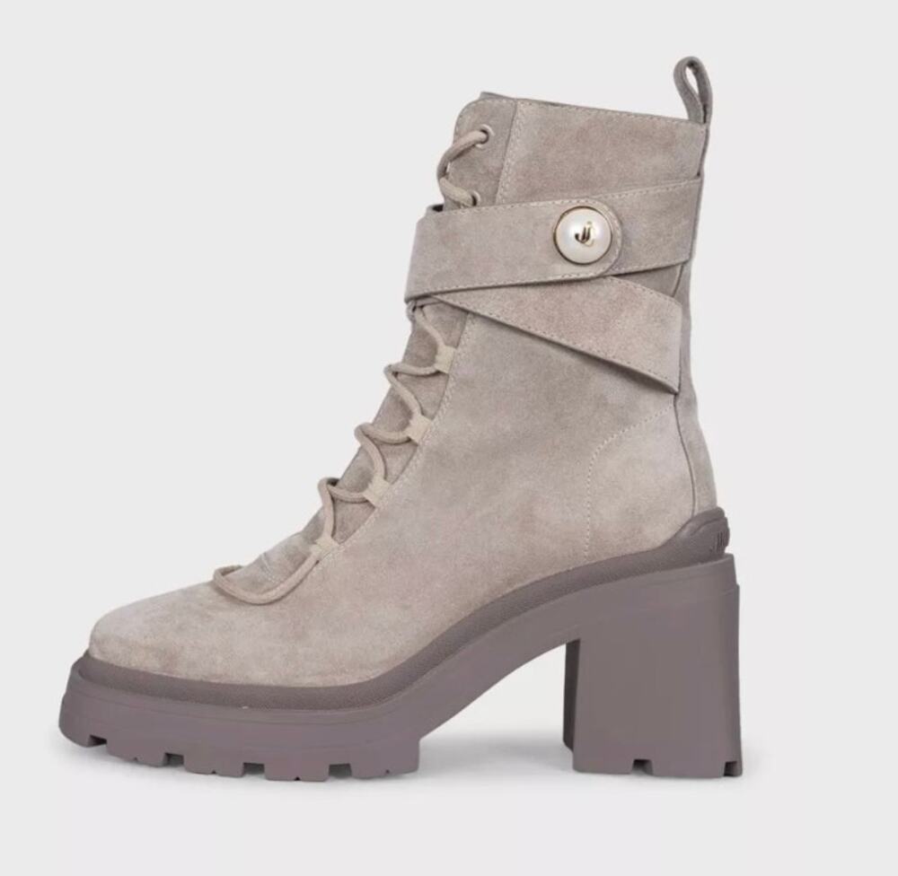 NWB Jimmy Choo Noemi Gray Suede Lace-Up Boots Gold Hardware Sz.37.5